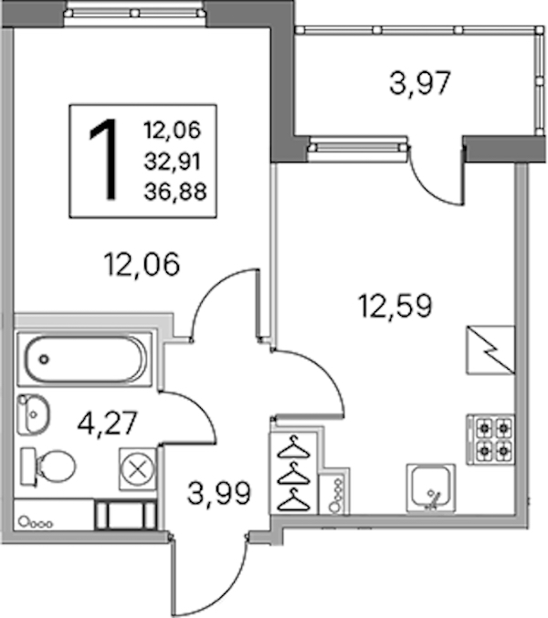 1-комнатная квартира 32.91 м², 3/5 эт., ЖК «ЮгТаун. Олимпийские кварталы»